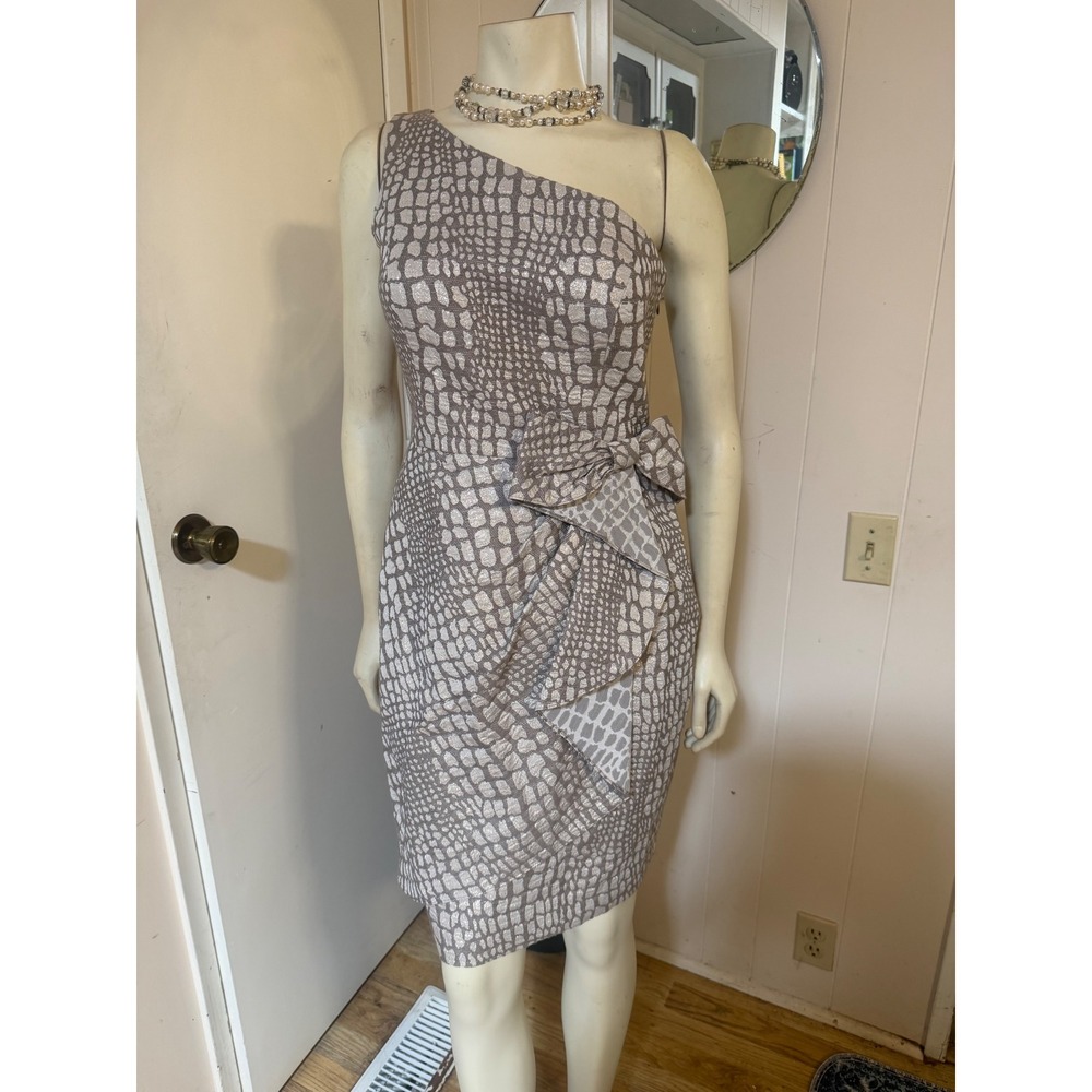 Kay Unger New York Metallic Animal Print One Shoulder Bow Sheath Dress Taupe 6